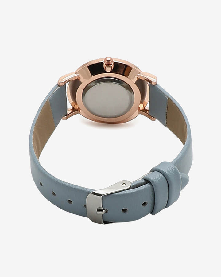 White & Bronze Analog Round Dial With Black Hour Marker & Blue Leather Strap