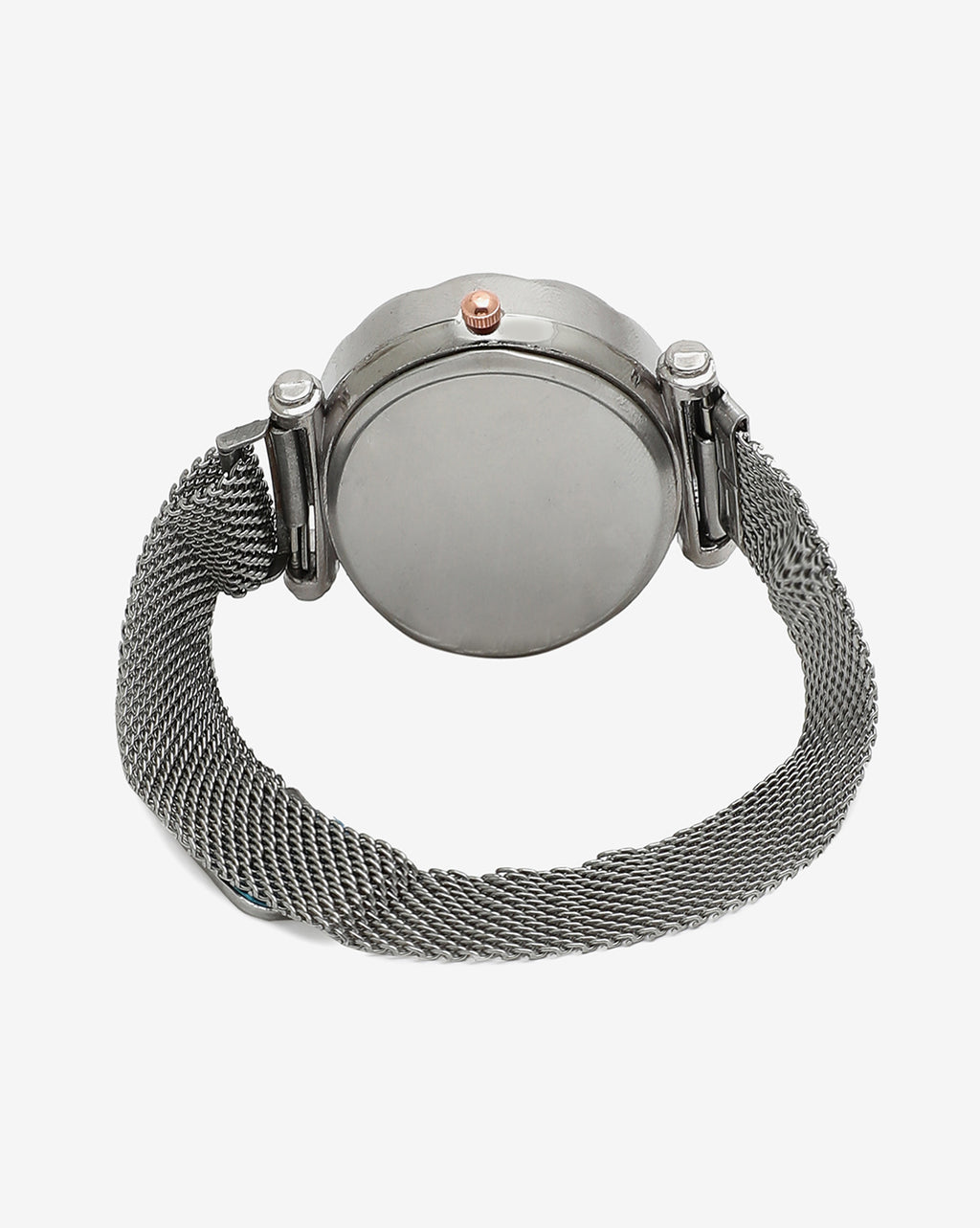 Silver Crystal Stones Analog Round Dial With Silver Metal Mesh Strap