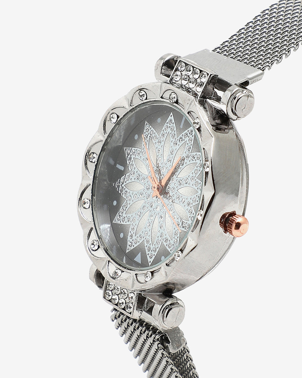 SILVER CRYSTAL STONES ANALOG ROUND DIAL WITH SILVER METAL MESH STRAP