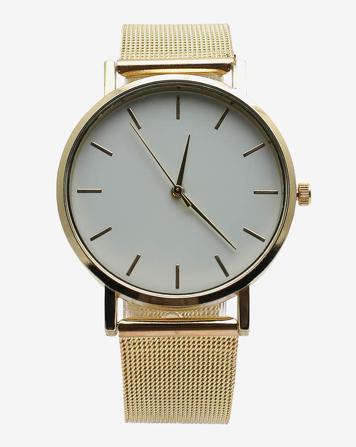 Sleek White Analog Round Dial With Gold Hour Marker & Gold Metal Mesh Strap