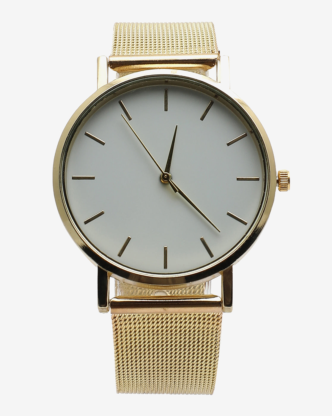 Sleek White Analog Round Dial With Gold Hour Marker & Gold Metal Mesh Strap