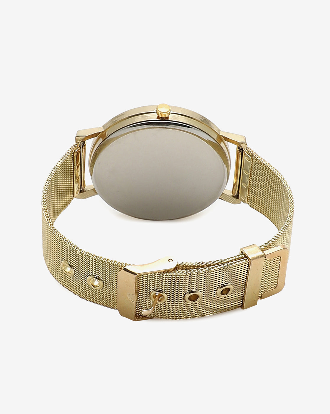 Sleek White Analog Round Dial With Gold Hour Marker & Gold Metal Mesh Strap