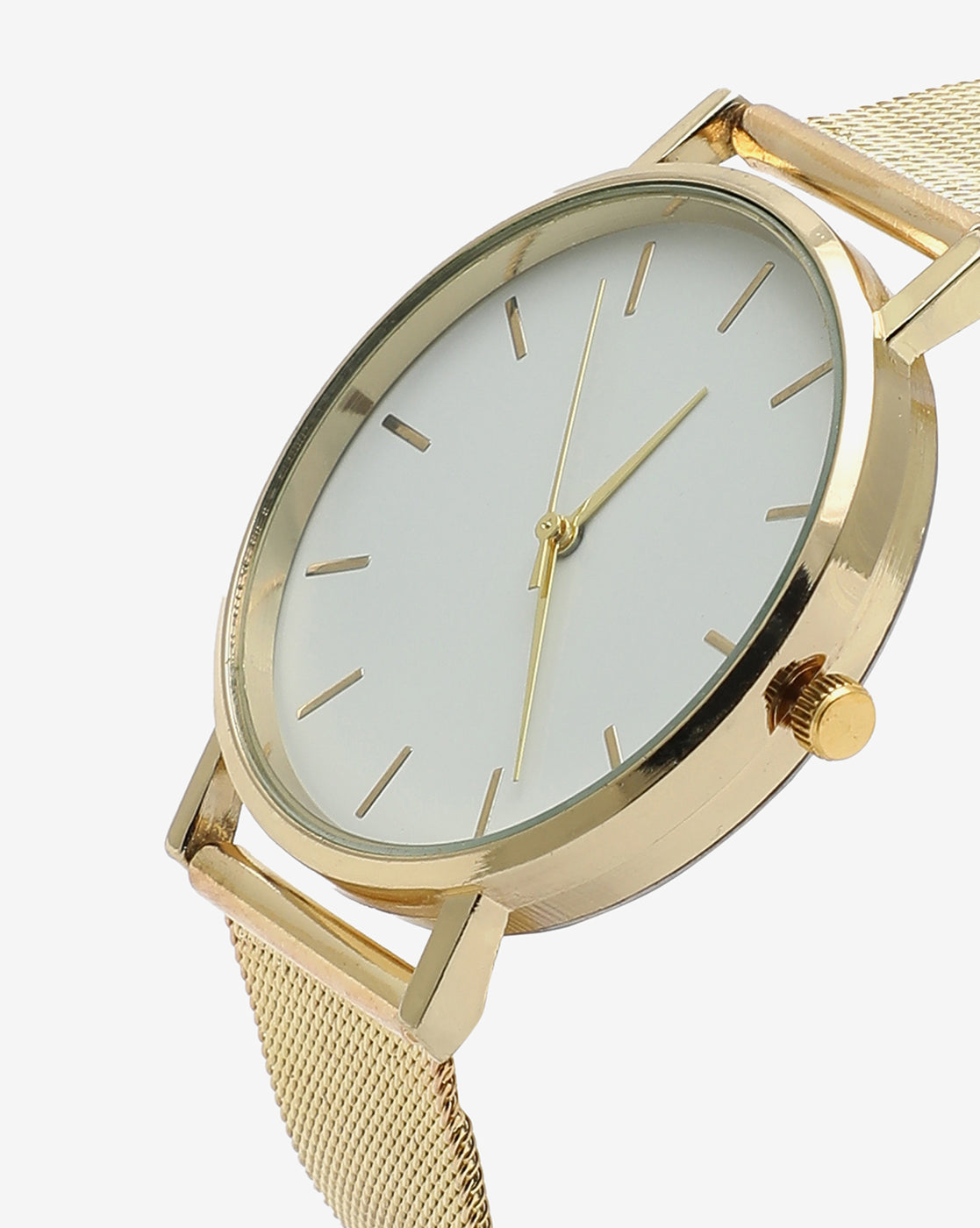 Sleek White Analog Round Dial With Gold Hour Marker & Gold Metal Mesh Strap