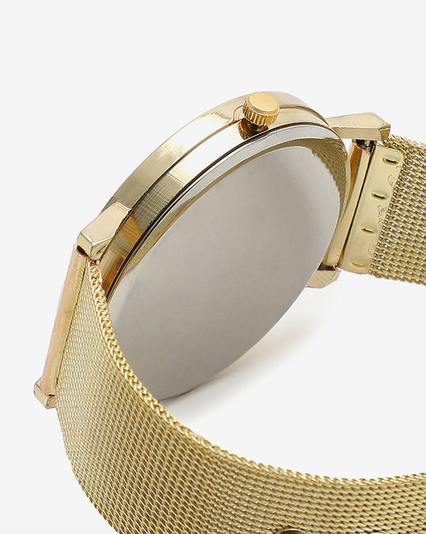SLEEK WHITE ANALOG ROUND DIAL WITH GOLD HOUR MARKER AND GOLD METAL MESH STRAP