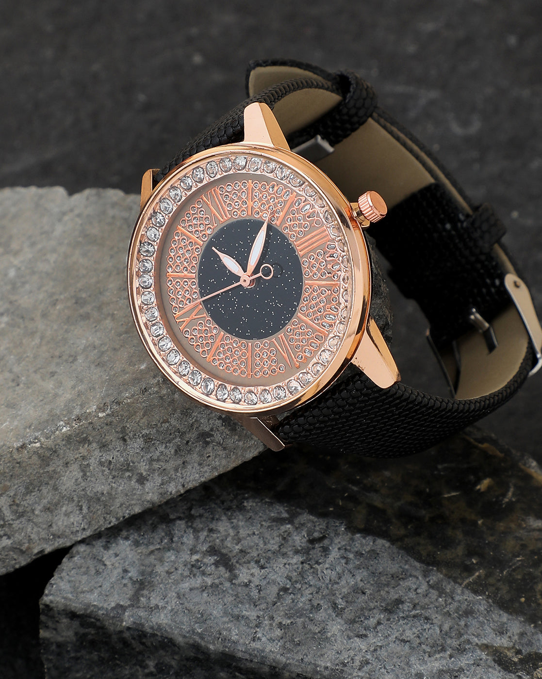 Rose Gold & Black Crystal Stone Analog Round Dial With Black Textured Leather Strap