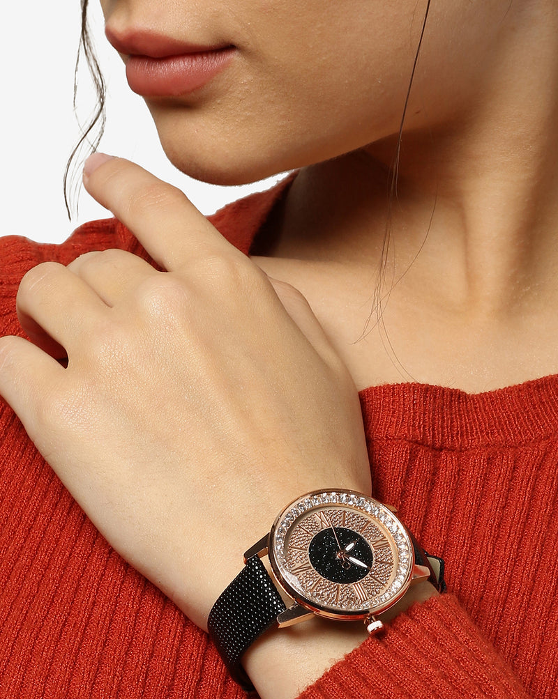Rose Gold & Black Crystal Stone Analog Round Dial With Black Textured Leather Strap
