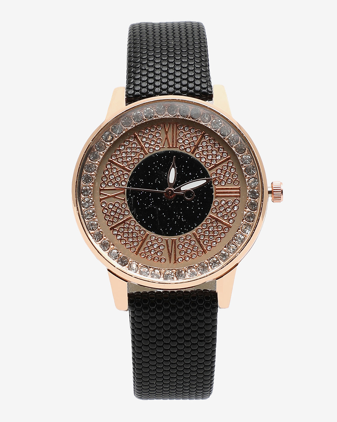 Rose Gold & Black Crystal Stone Analog Round Dial With Black Textured Leather Strap