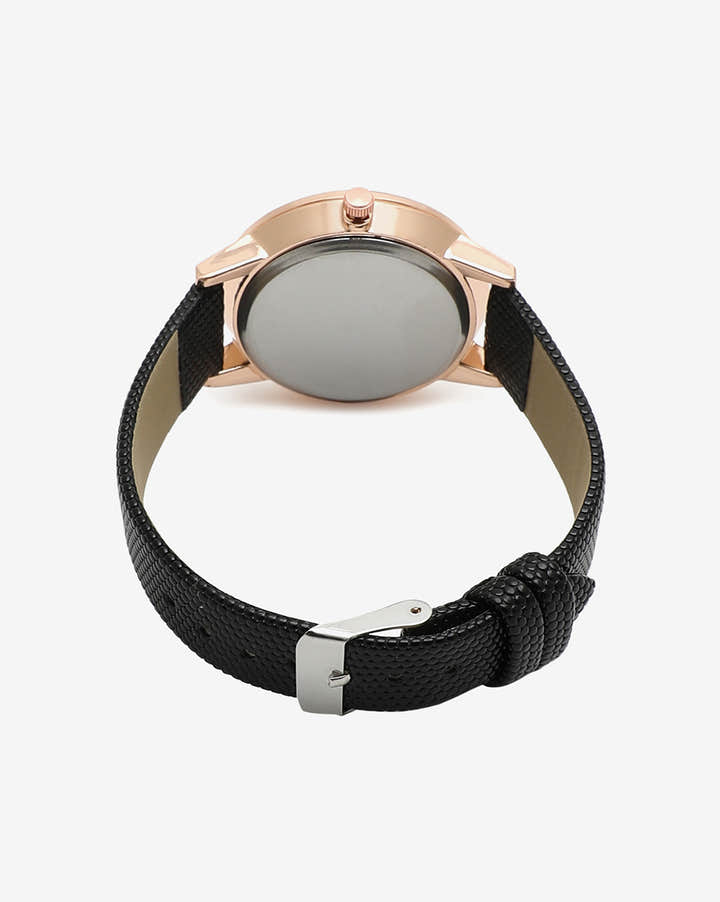 Rose Gold & Black Crystal Stone Analog Round Dial With Black Textured Leather Strap