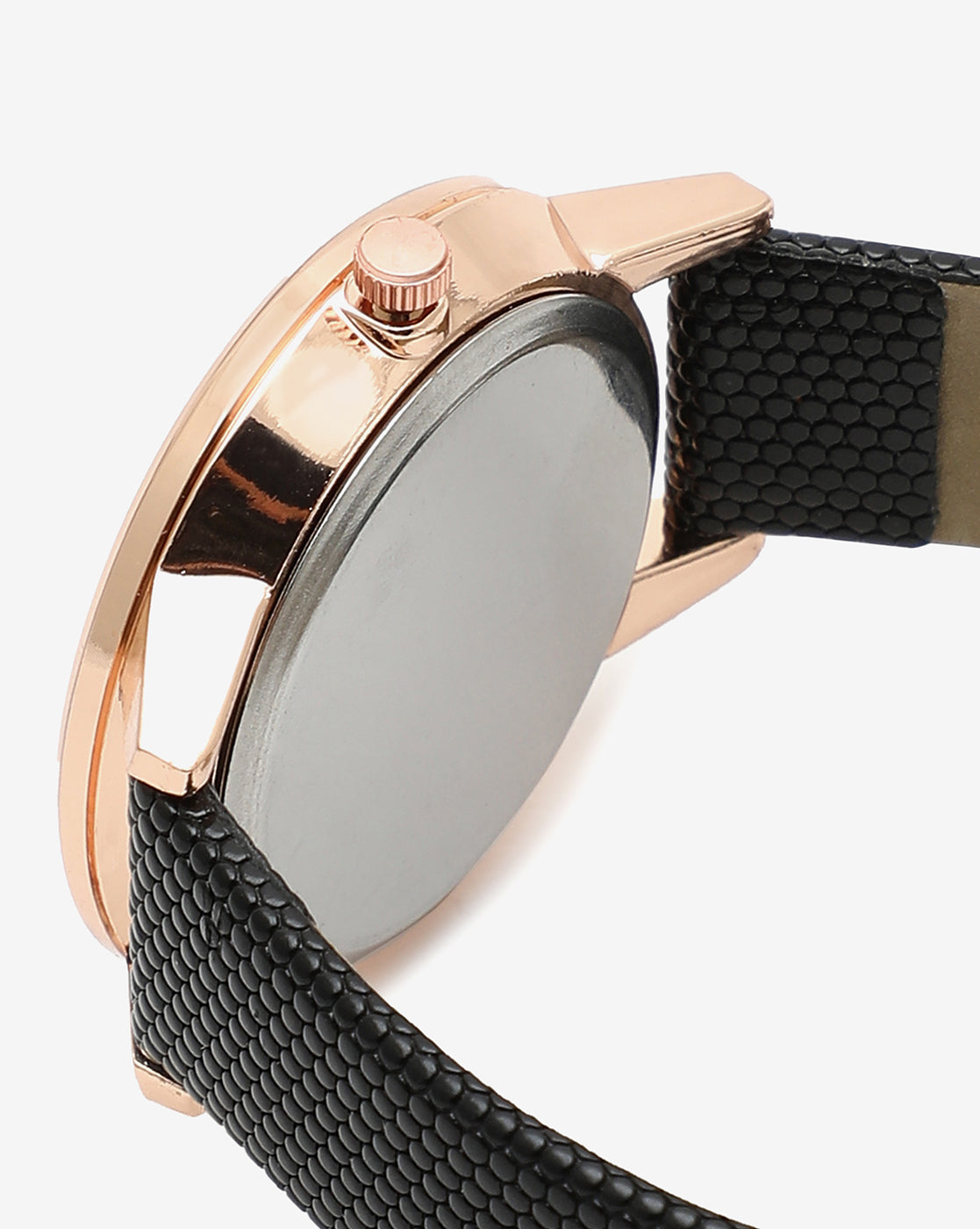 ROSE GOLD AND BLACK CRYSTAL STONE ANALOG ROUND DIAL WITH BLACK TEXTURED LEATHER STRAP