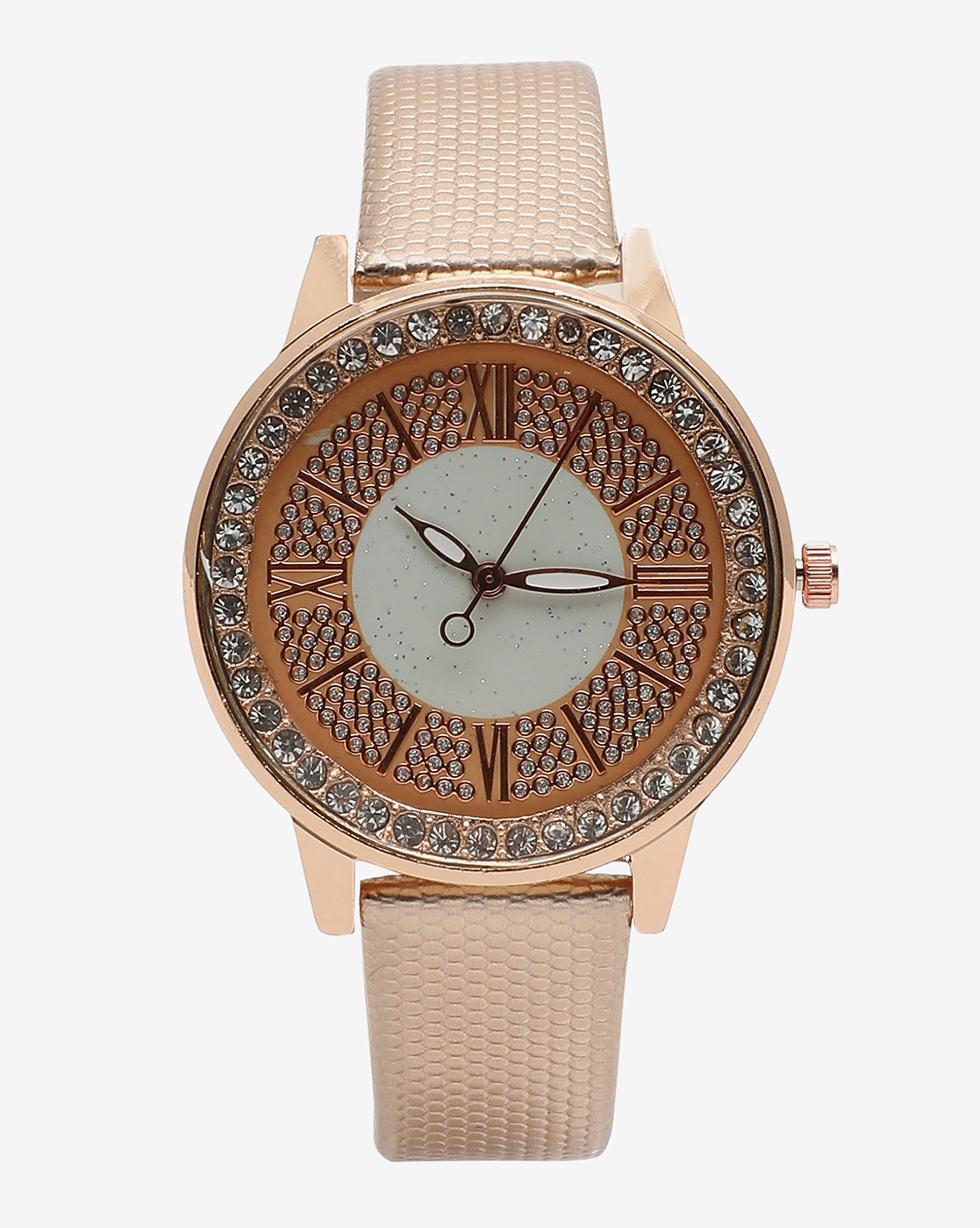 Gold & White Crystal Stone Analog Round Dial With Gold Textured Leather Strap