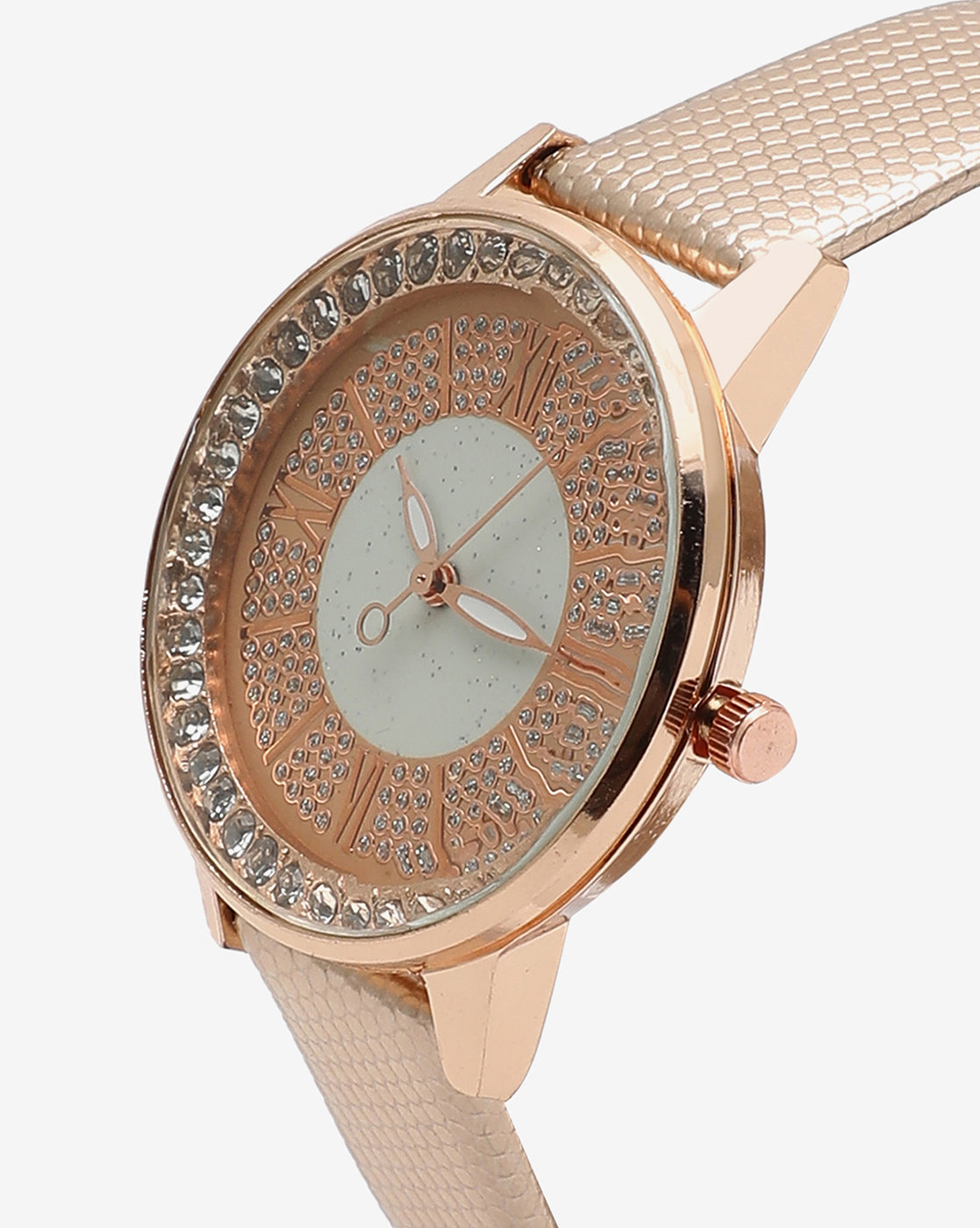 Gold & White Crystal Stone Analog Round Dial With Gold Textured Leather Strap