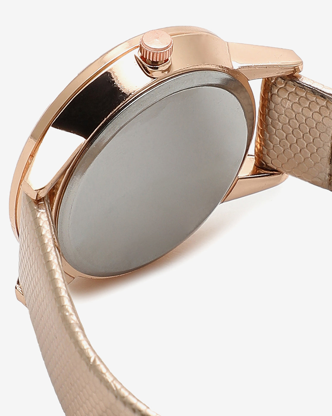 GOLD AND WHITE CRYSTAL STONE ANALOG ROUND DIAL WITH GOLD TEXTURED LEATHER STRAP