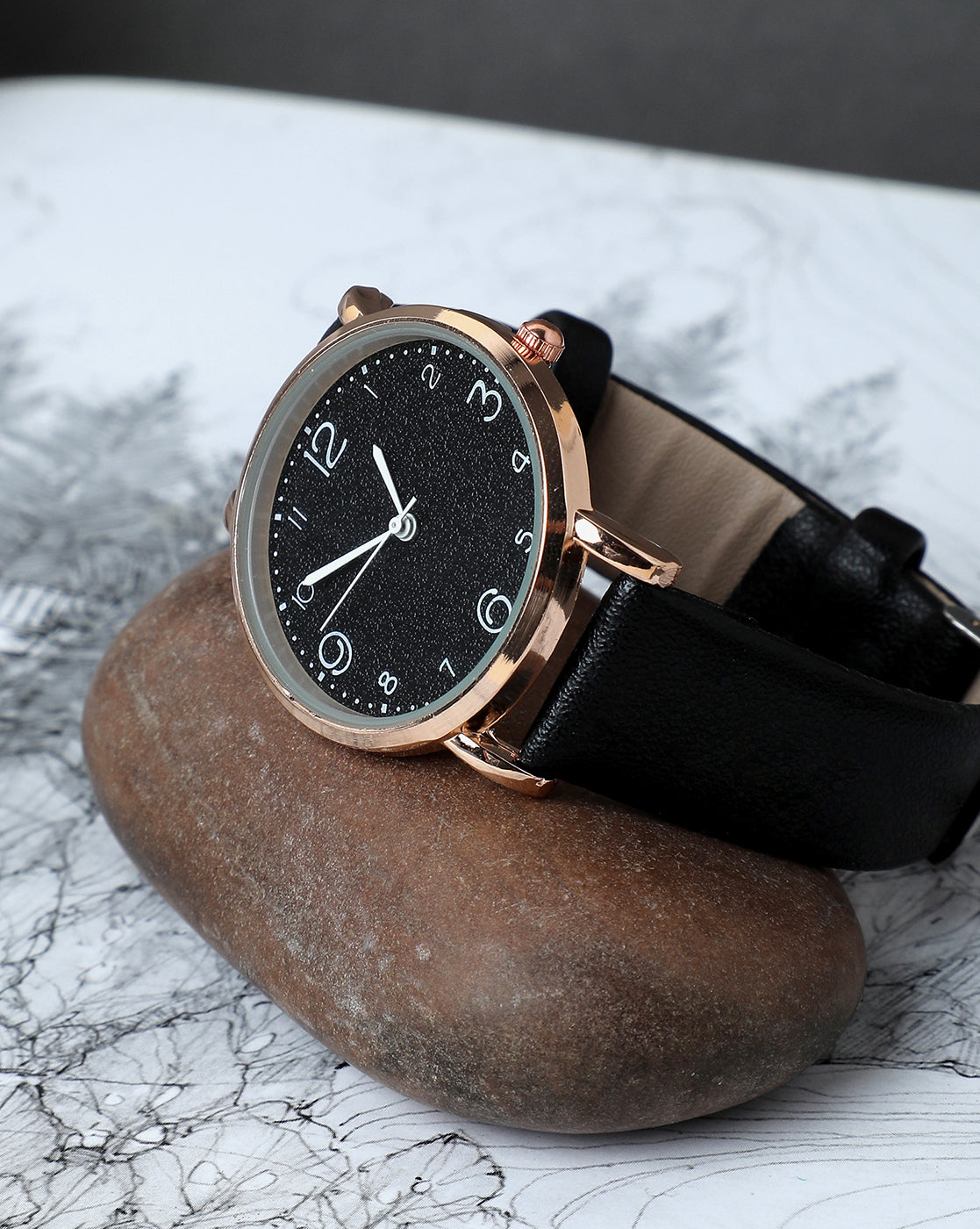 Gold & Black Analog Round Dial With White Hour Marker & Black Leather Strap