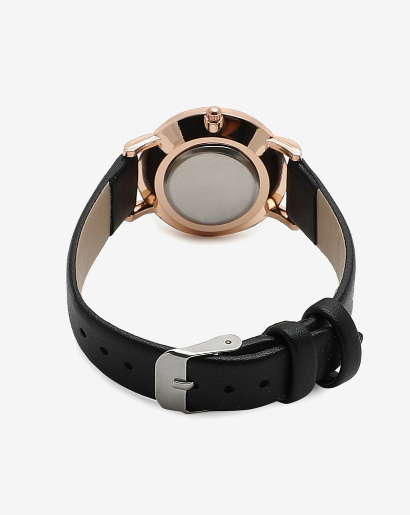 Gold & Black Analog Round Dial With White Hour Marker & Black Leather Strap