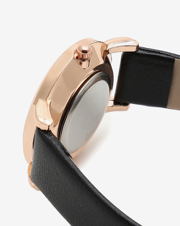GOLD AND BLACK ANALOG ROUND DIAL WITH WHITE HOUR MARKER AND BLACK LEATHER STRAP