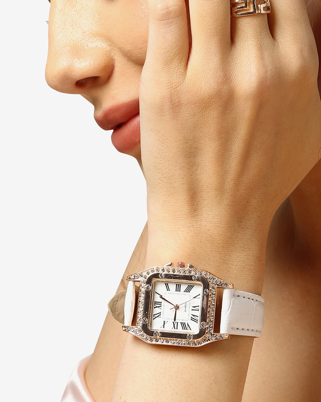 White & Gold Crystal Stone Analog Square Dial With Black Roman Hour Markers & White Leather Strap