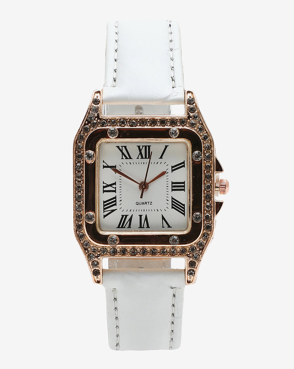 White & Gold Crystal Stone Analog Square Dial With Black Roman Hour Markers & White Leather Strap