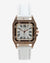WHITE AND GOLD CRYSTAL STONE ANALOG SQUARE DIAL WITH BLACK ROMAN HOUR MARKERS AND WHITE LEATHER STRAP