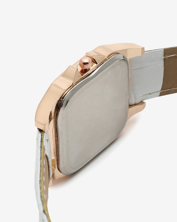 WHITE AND GOLD CRYSTAL STONE ANALOG SQUARE DIAL WITH BLACK ROMAN HOUR MARKERS AND WHITE LEATHER STRAP