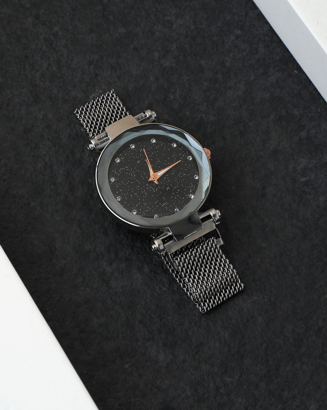 Black Crystal Stones Analog Round Dial With Gold Hour Marker & Space Grey Metal Mesh Strap