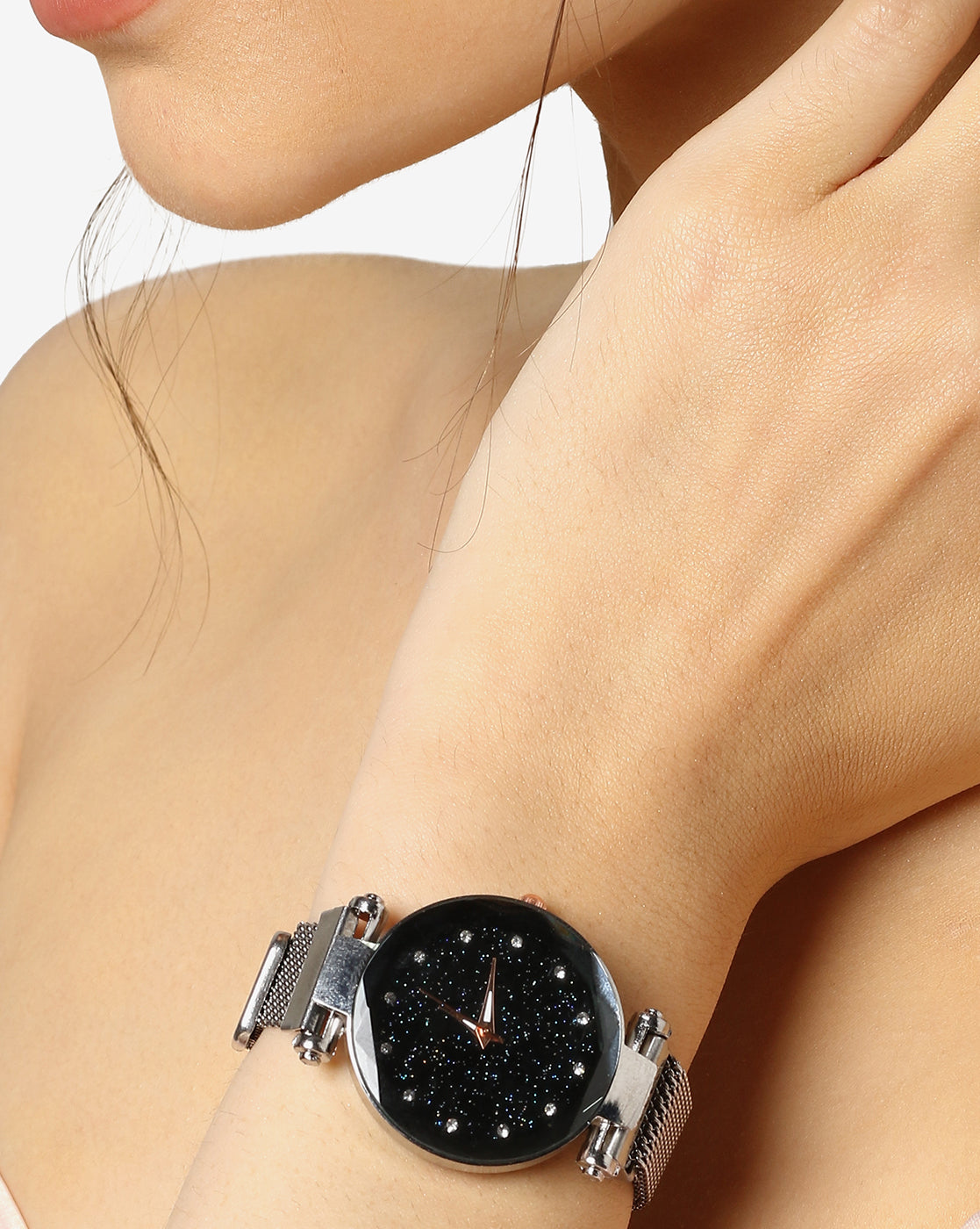 Black Crystal Stones Analog Round Dial With Gold Hour Marker & Space Grey Metal Mesh Strap