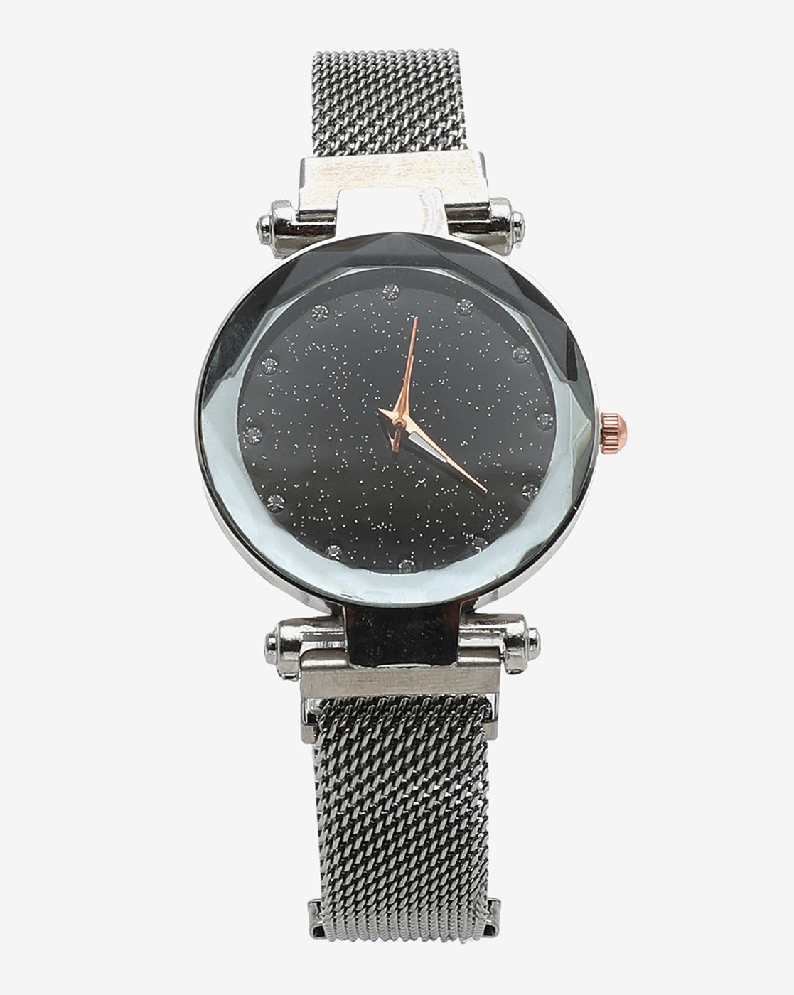 Black Crystal Stones Analog Round Dial With Gold Hour Marker & Space Grey Metal Mesh Strap