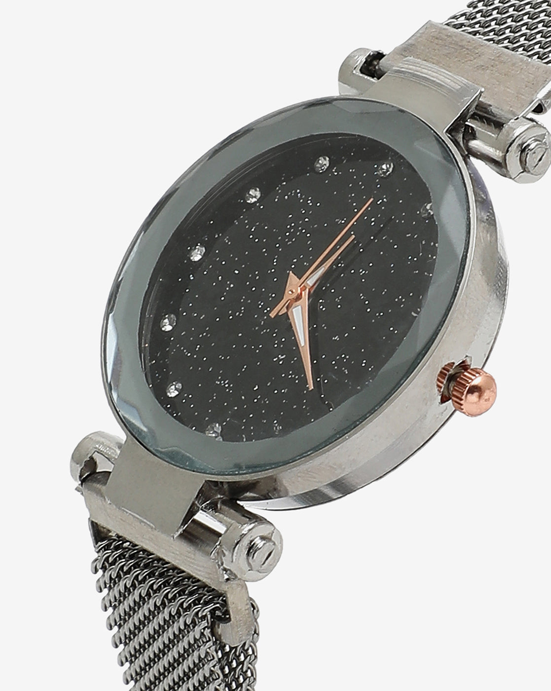 Black Crystal Stones Analog Round Dial With Gold Hour Marker & Space Grey Metal Mesh Strap