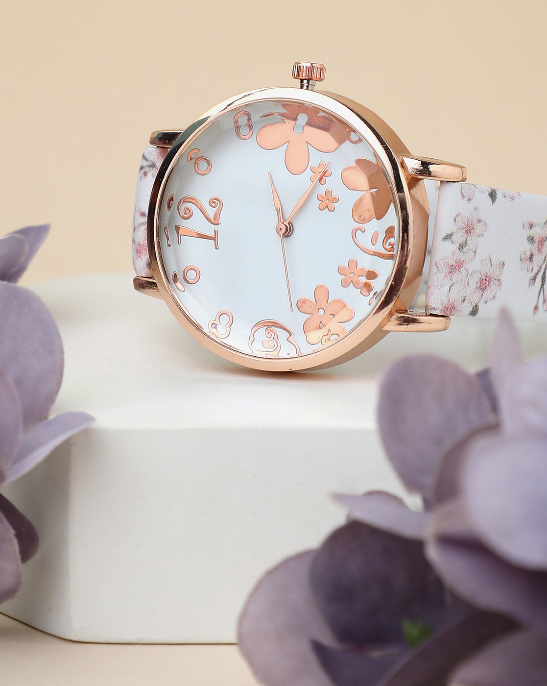 White & Gold Decorative Analog Round Dial With Floral Printed Leather Strap