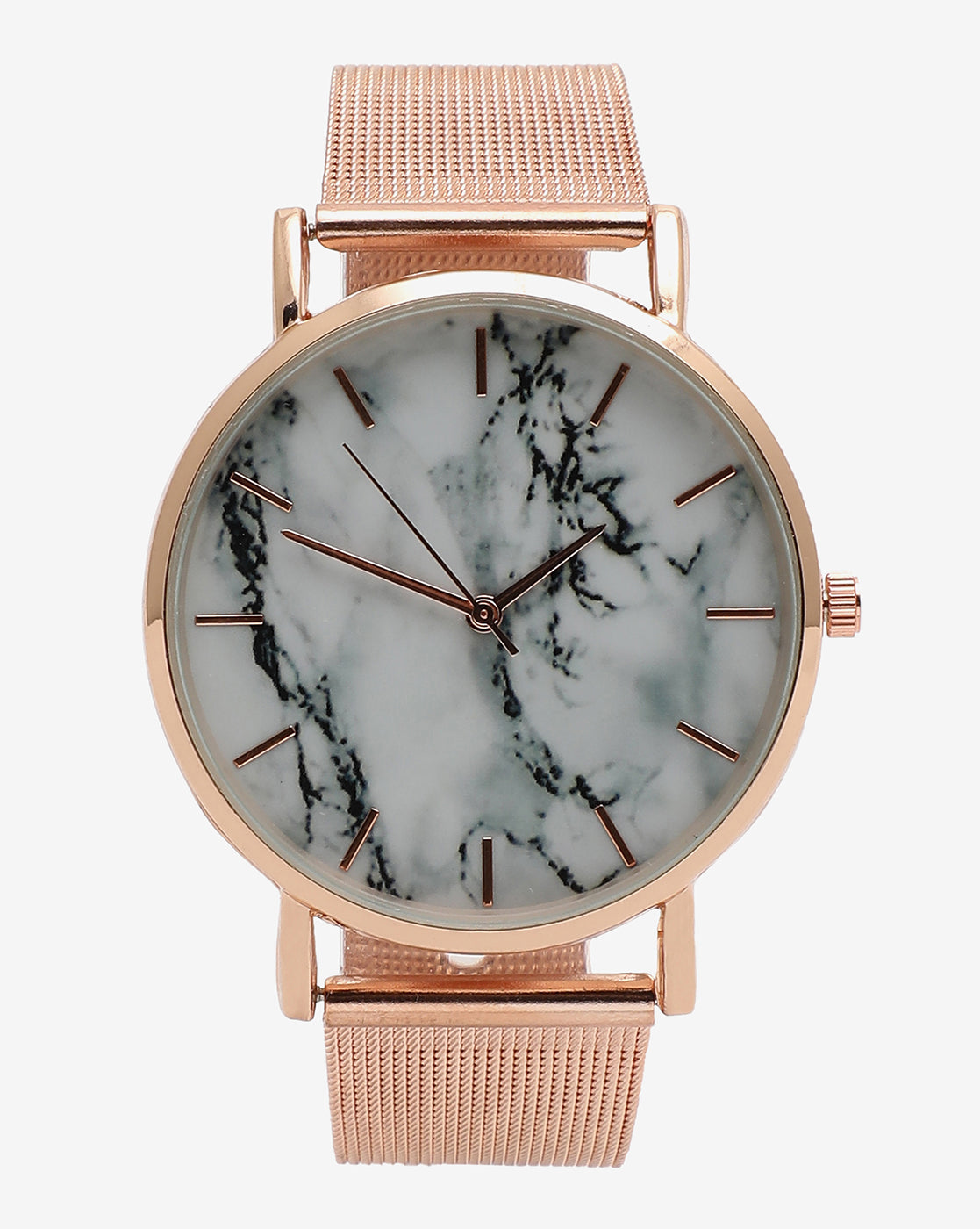 White Marble Analog Round Dial With Gold Metal Mesh Strap