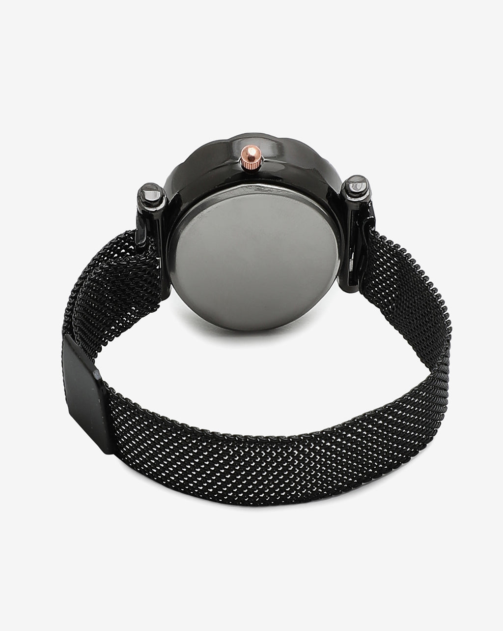 Black Crystal Stone Decorative Analog Round Dial With Black Metal Mesh Strap