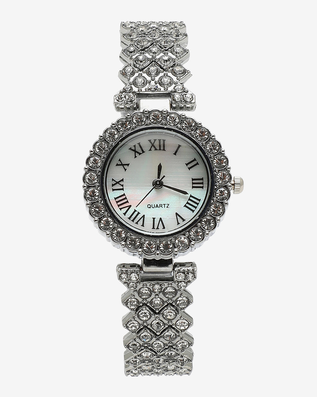 White Crystal Stones Analog Round Dial With Silver Crystal Stone Metal Strap