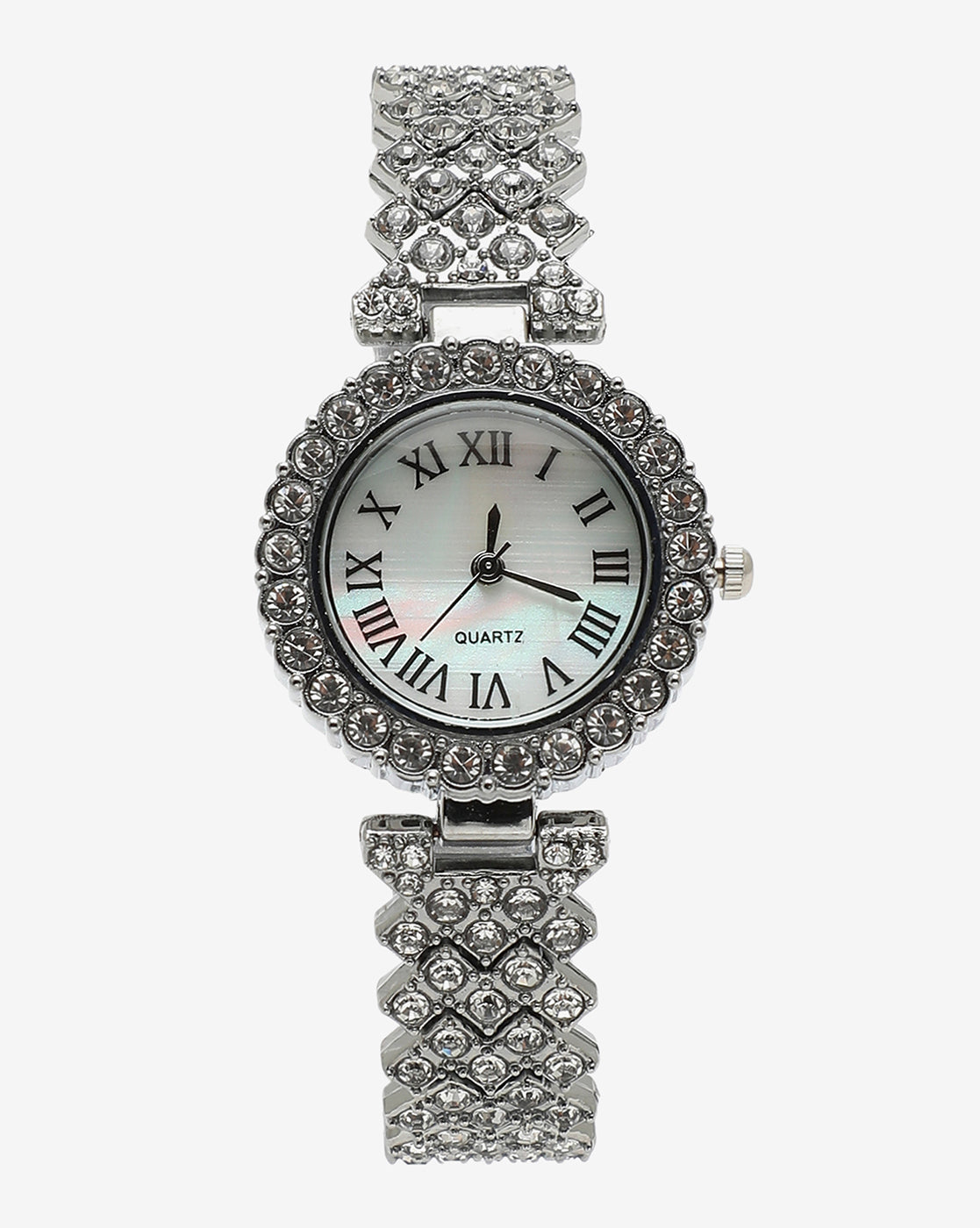 White Crystal Stones Analog Round Dial With Silver Crystal Stone Metal Strap