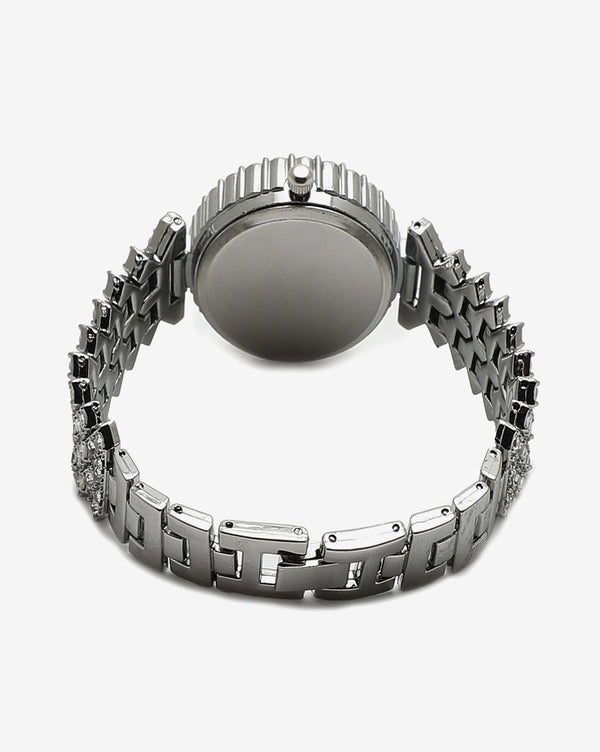 White Crystal Stones Analog Round Dial With Silver Crystal Stone Metal Strap