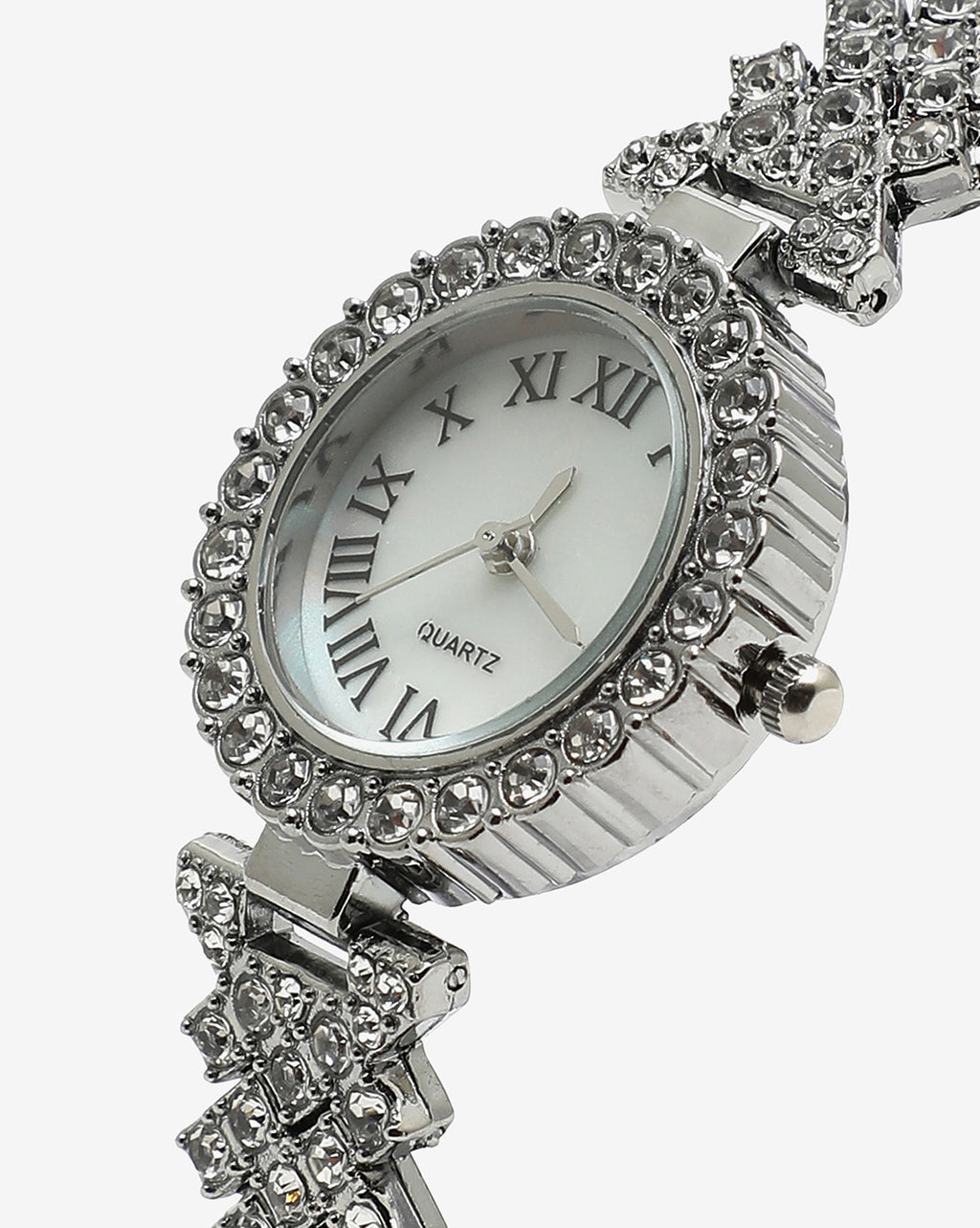 WHITE CRYSTAL STONES ANALOG ROUND DIAL WITH SILVER CRYSTAL STONE METAL STRAP