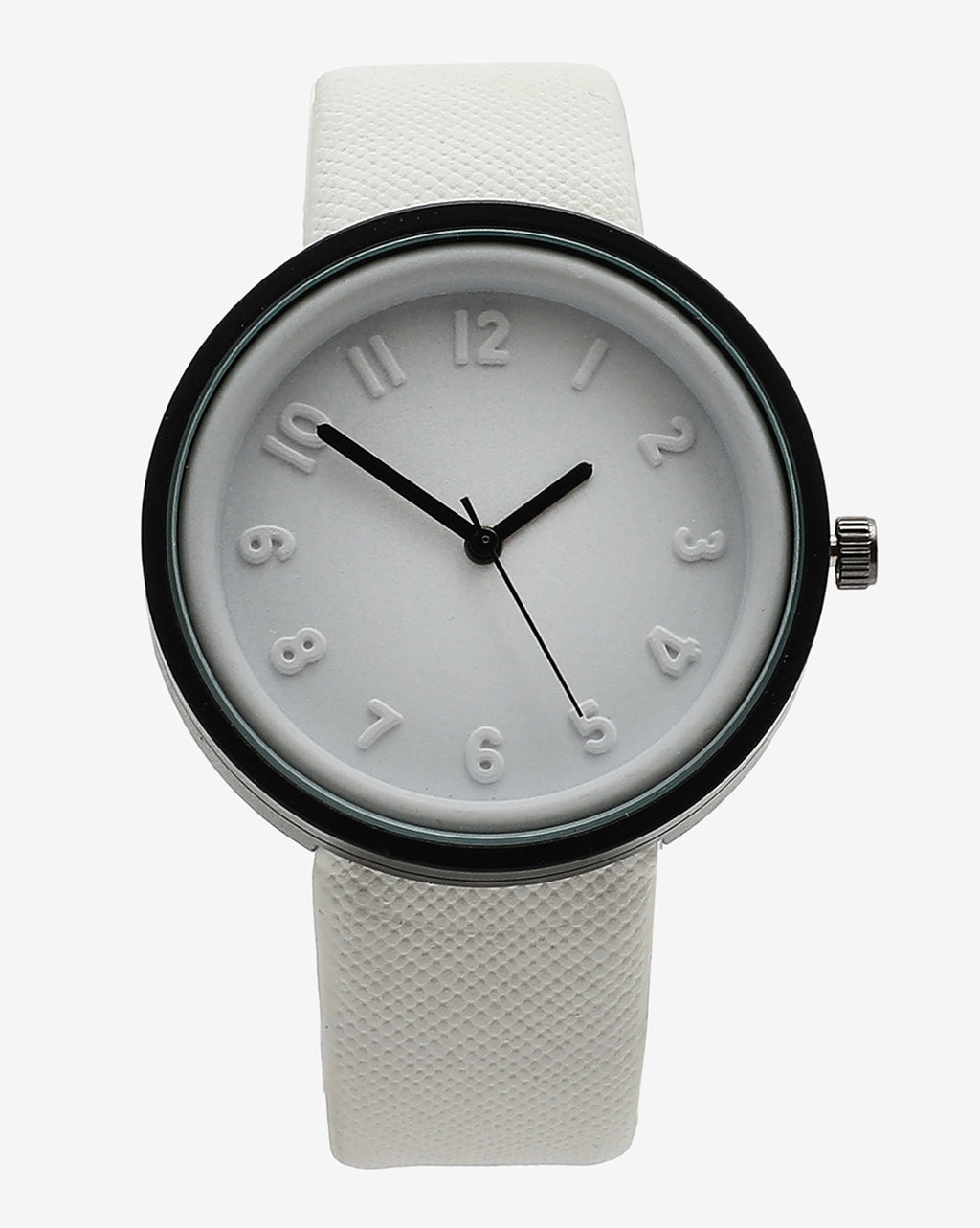 White & Black Analog Round Dial With Black Hour Marker & White Leather Strap