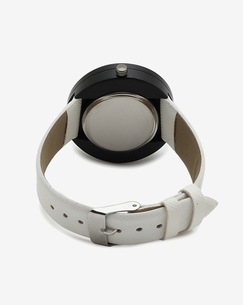 White & Black Analog Round Dial With Black Hour Marker & White Leather Strap