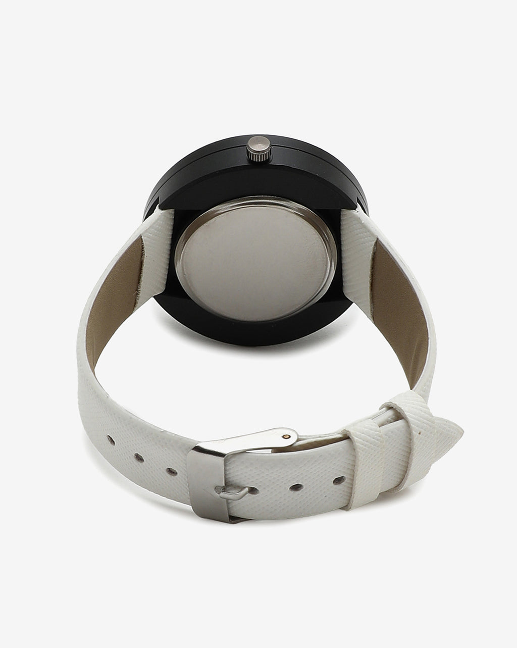 White & Black Analog Round Dial With Black Hour Marker & White Leather Strap