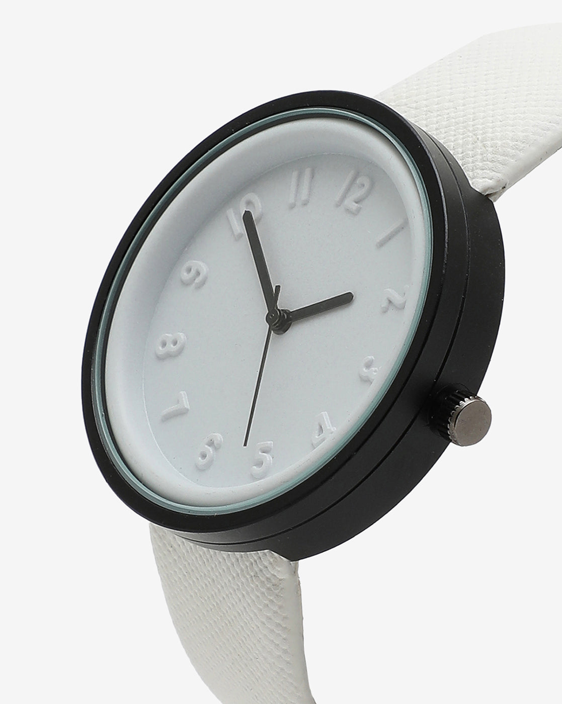 White & Black Analog Round Dial With Black Hour Marker & White Leather Strap