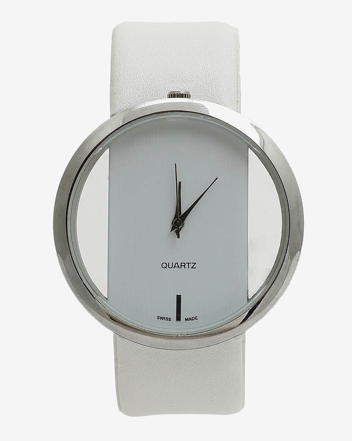 Transparent Analog Round Dial With White Leather Strap