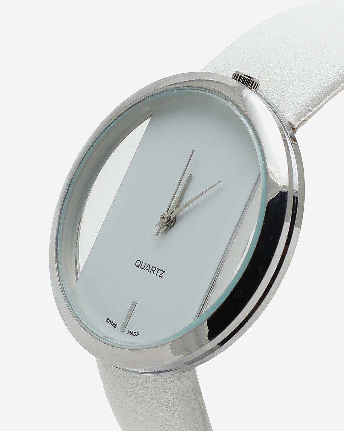 Transparent Analog Round Dial With White Leather Strap