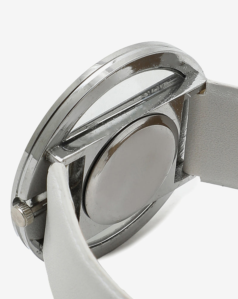 Transparent Analog Round Dial With White Leather Strap