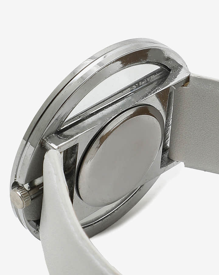 Transparent Analog Round Dial With White Leather Strap