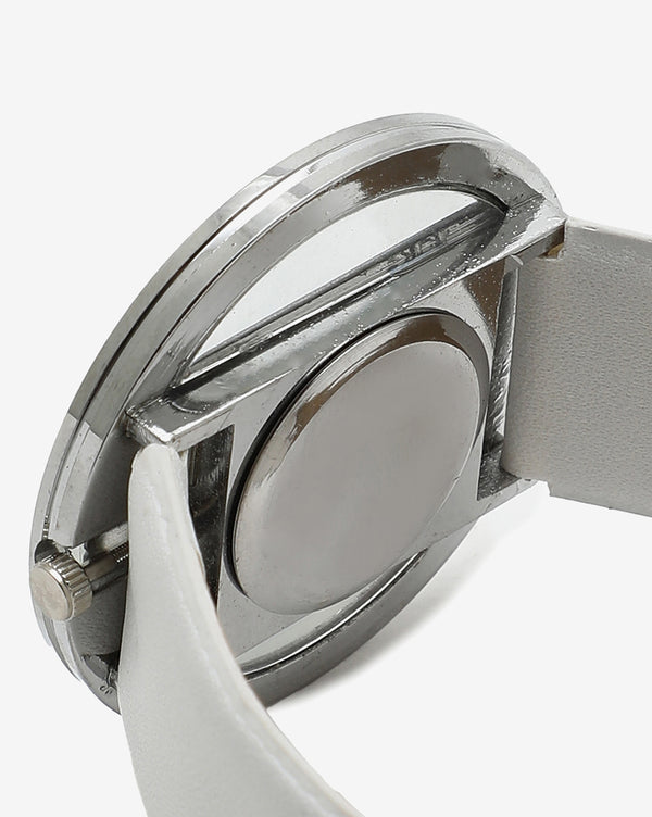 Transparent Analog Round Dial With White Leather Strap