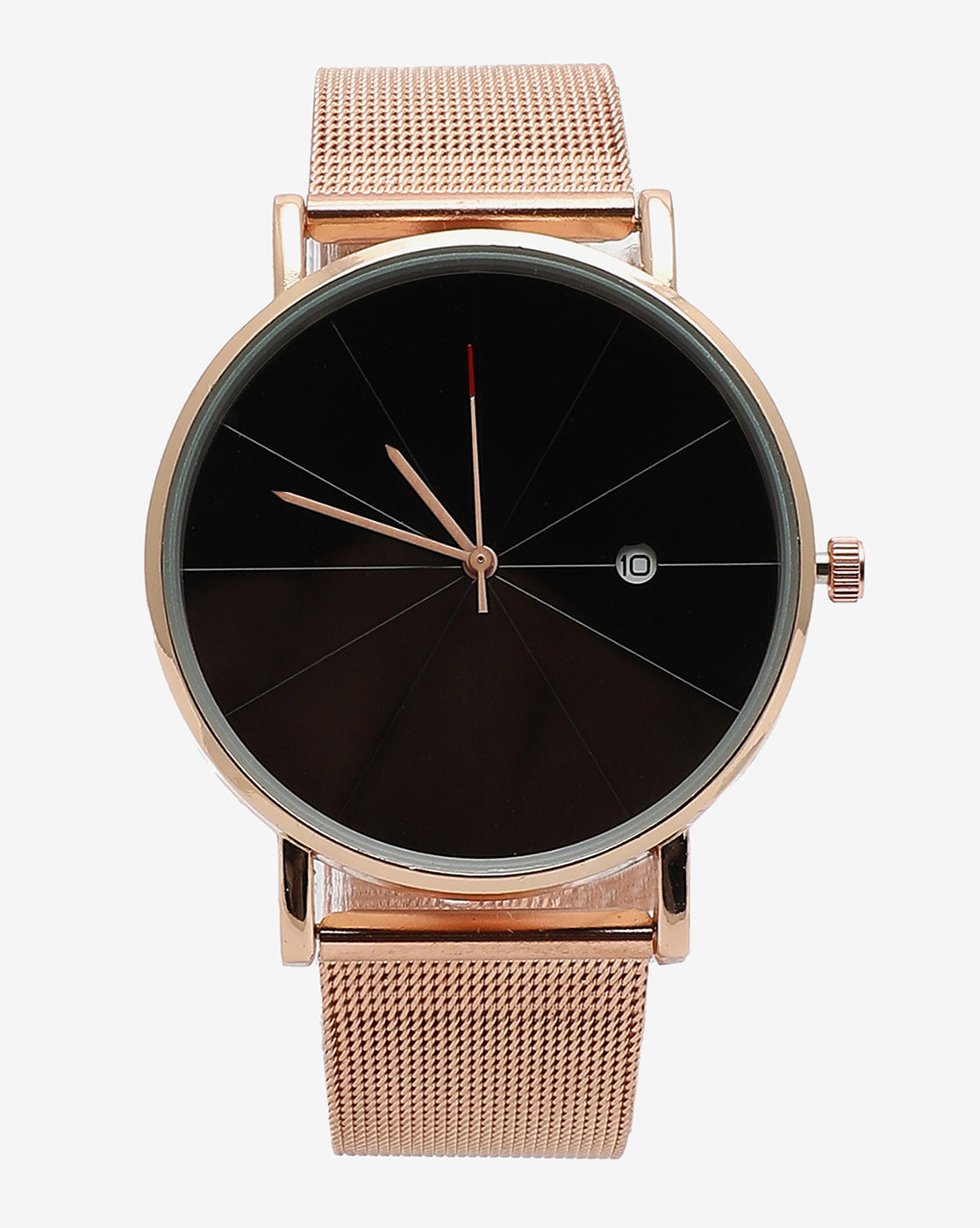 Black Analog Round Dial With White Hour Marker & Rose Gold Metal Mesh Strap