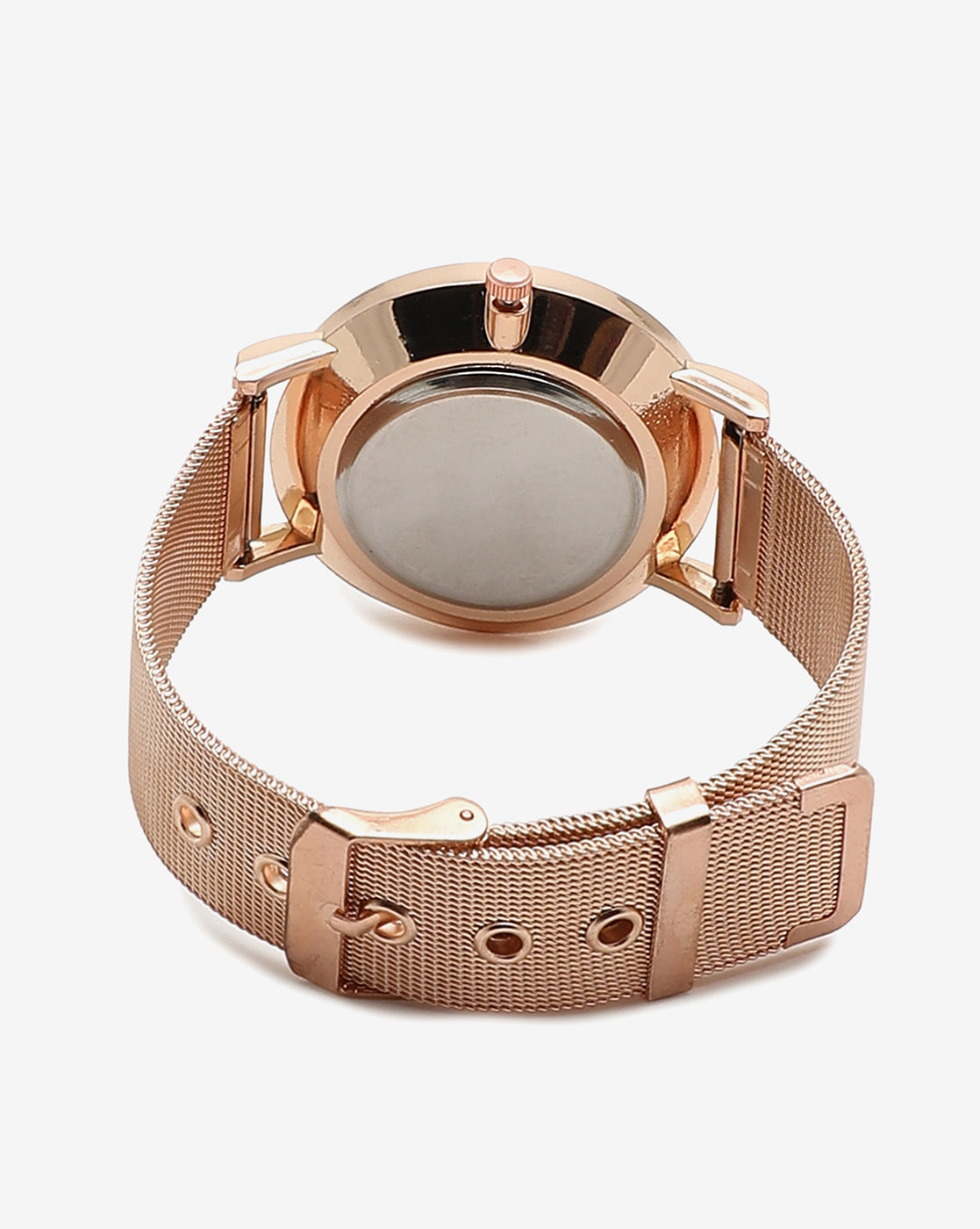 Black Analog Round Dial With White Hour Marker & Rose Gold Metal Mesh Strap