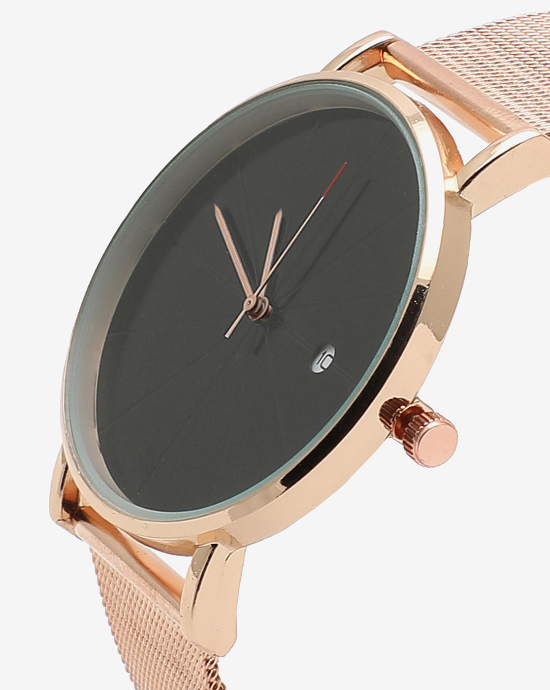 Black Analog Round Dial With White Hour Marker & Rose Gold Metal Mesh Strap