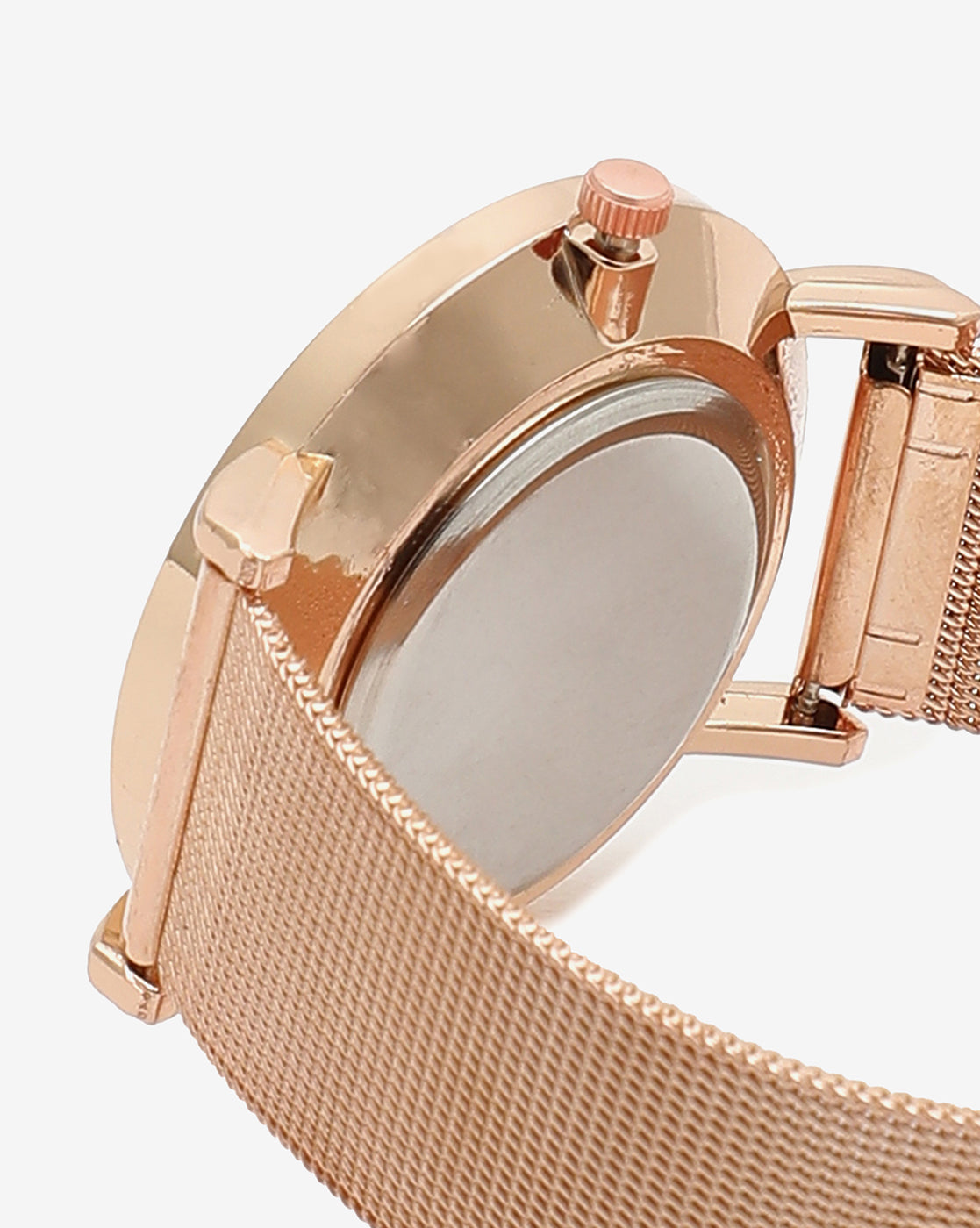 BLACK ANALOG ROUND DIAL WITH WHITE HOUR MARKER AND ROSE GOLD METAL MESH STRAP