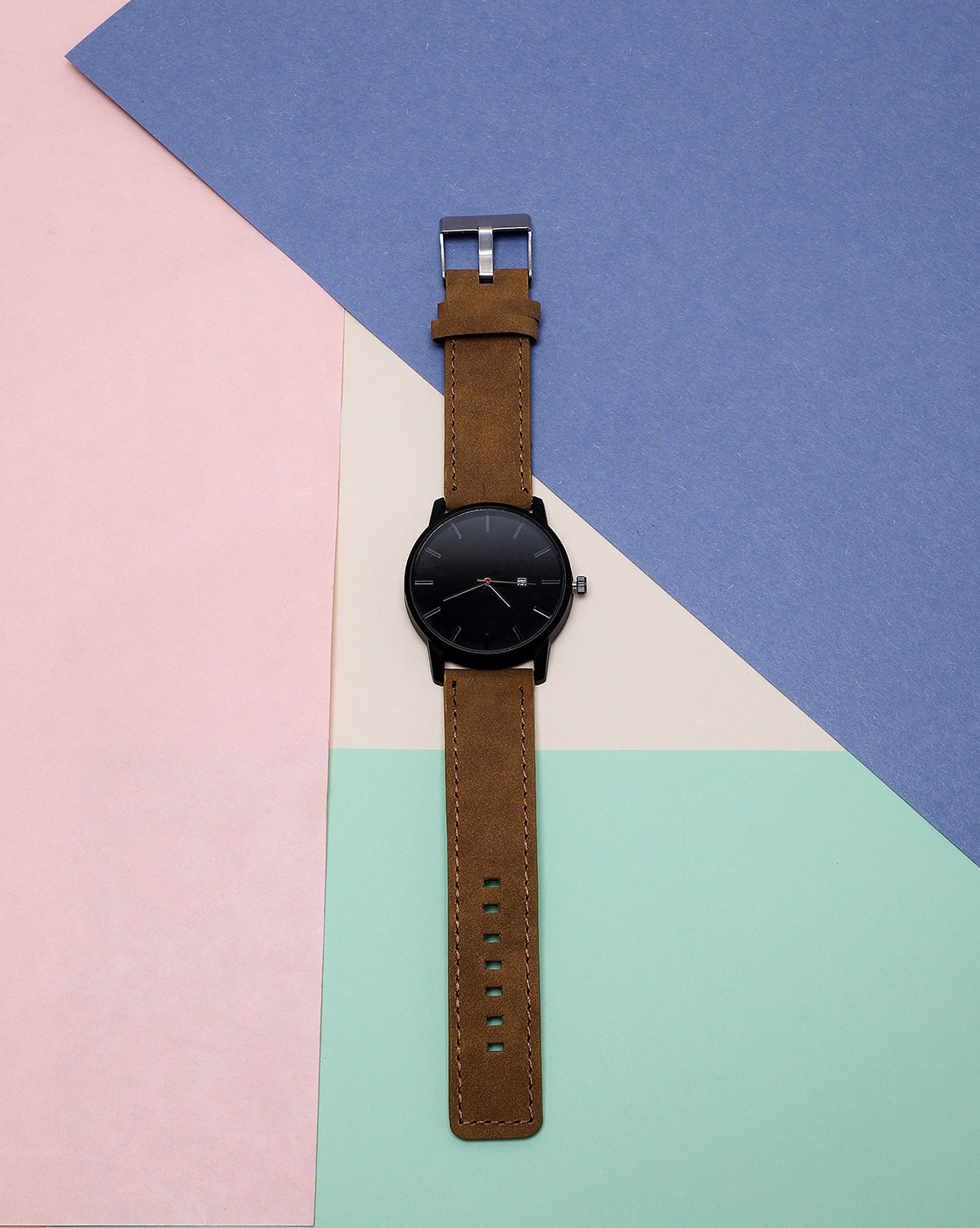 Black Analog Round Dial With Brown Suede Strap