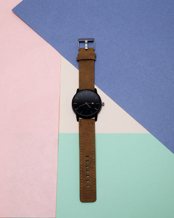 Black Analog Round Dial With Brown Suede Strap