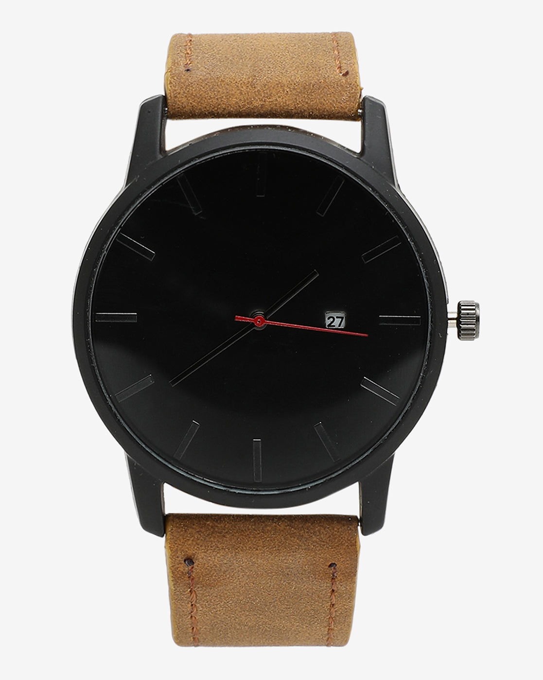 Black Analog Round Dial With Brown Suede Strap